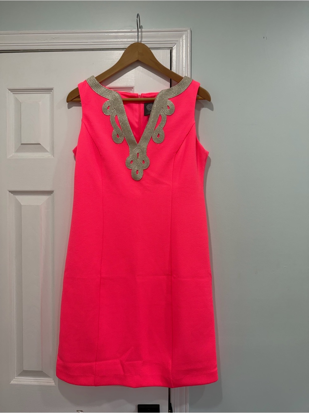 Vince Camuto Neon Pink Sleeveless Dress with Gold Embellished V-Neck